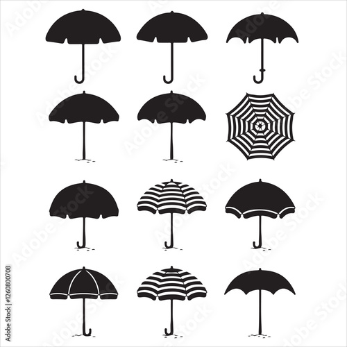 set vector various beach umbrella, beach chair silhouettes