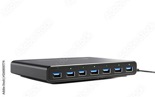 A modern USB-C docking station with multiple ports, isolated on a empty plain background