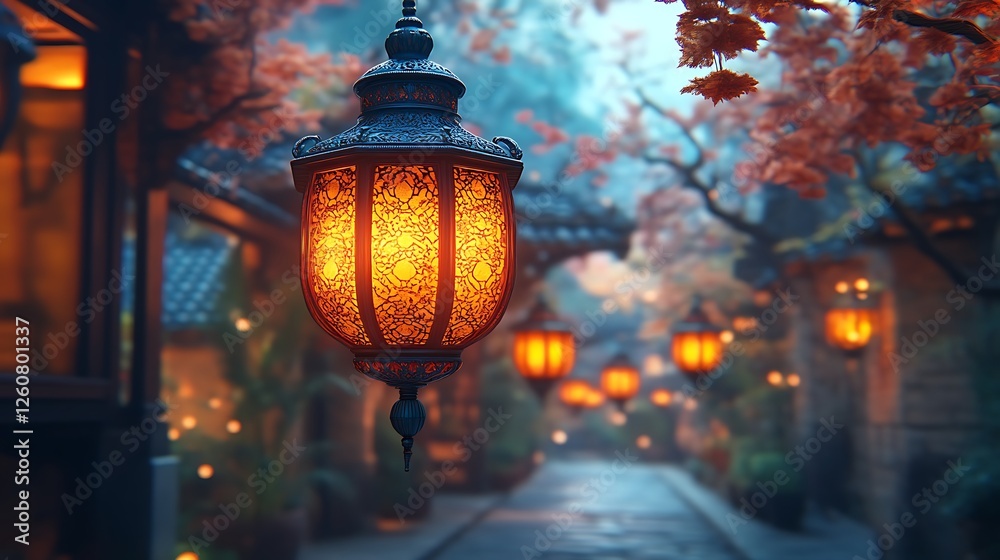 Naklejka premium Illuminated Lantern Hanging In A Mystical Asian Alleyway