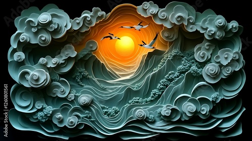 Serene Landscape Artwork Featuring Birds and Sunset
