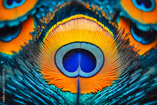 Background with texture of peacock feathers tail close-up, in vibrant color, top view