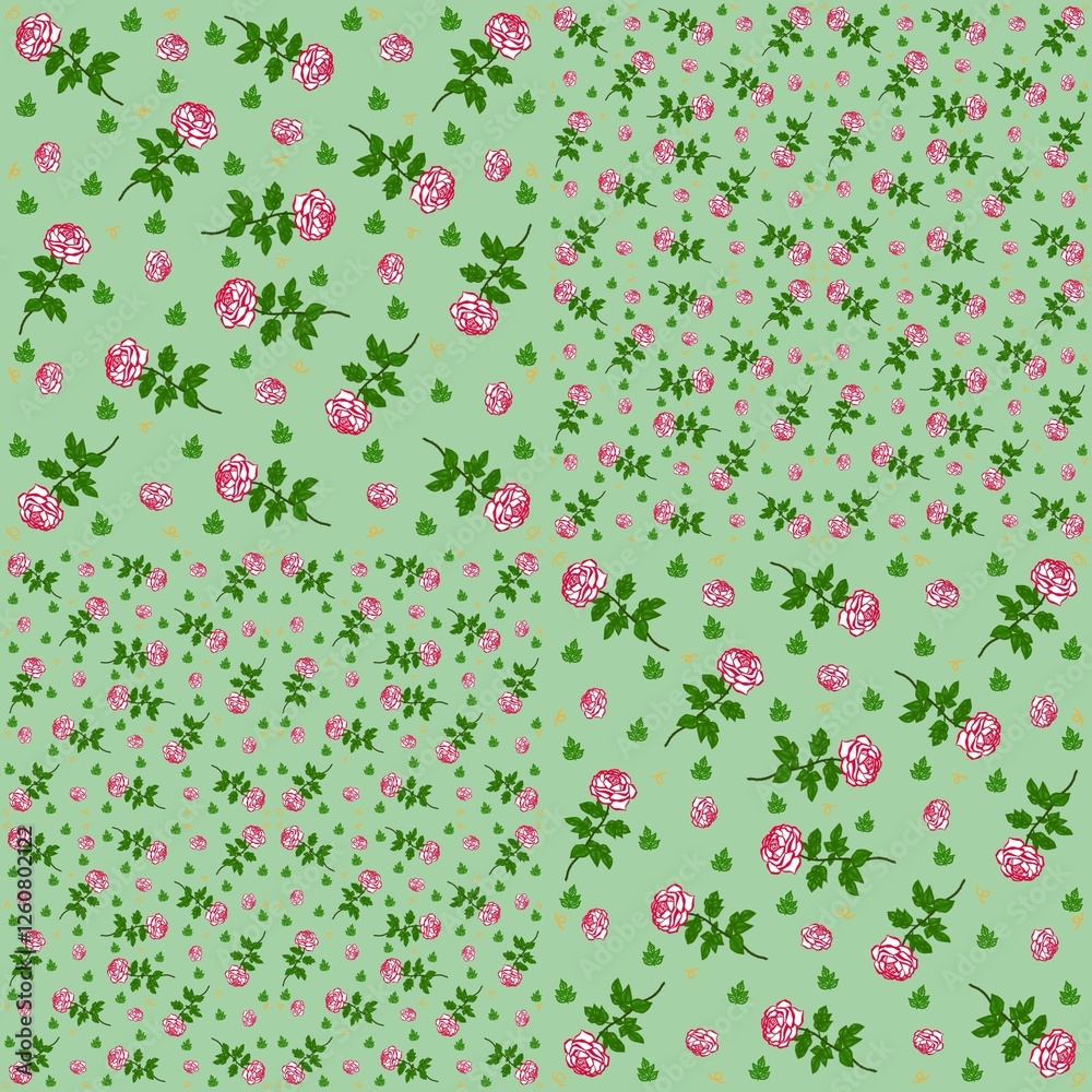 Seamless pattern little roses of red roses on green background.