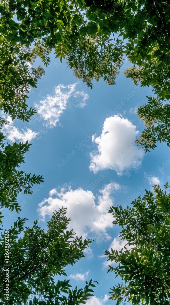 Bright blue sky peppered with white clouds showcases lush green leaves framing a tranquil view, inviting moments of peace and reflection Bright blue sky peppered with white clouds showcases lush green leaves framing a tranquil view, inviting moments of peace and reflection