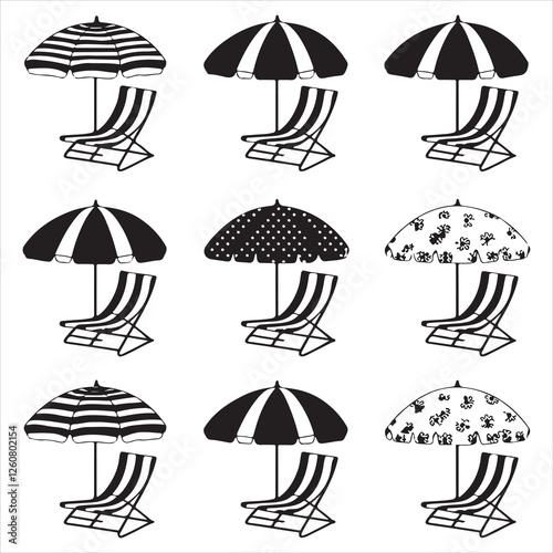 set vector various beach umbrella, beach chair silhouettes