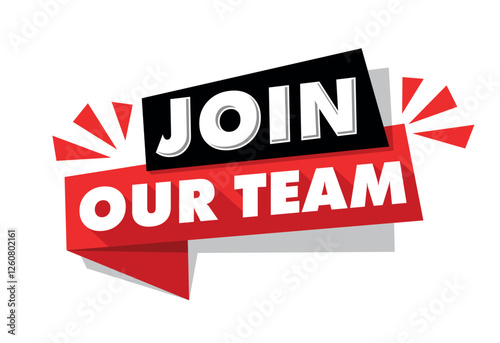 Join Our Team lettering on red ribbon. Job vacancy. We are Hiring Badge. Business Recruiting Concept. Vector template on transparent background