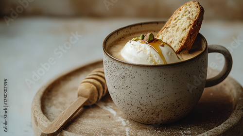 Affogato treat: Espresso, ice cream, biscotti, and honey drizzled in a rustic mug on a wooden platter.