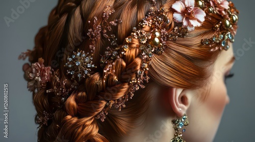 Woman's elaborate braided hairstyle with jewels and flowers photo