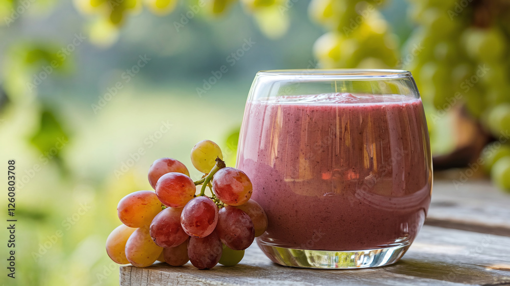 A close-up of a glass of red grape smoothie with fresh grapes on a table, surrounded by lush greenery and soft natural light, creating a refreshing and healthy beverage scene. A close-up of a glass of red grape smoothie with fresh grapes on a table, surrounded by lush greenery and soft natural light, creating a refreshing and healthy beverage scene.