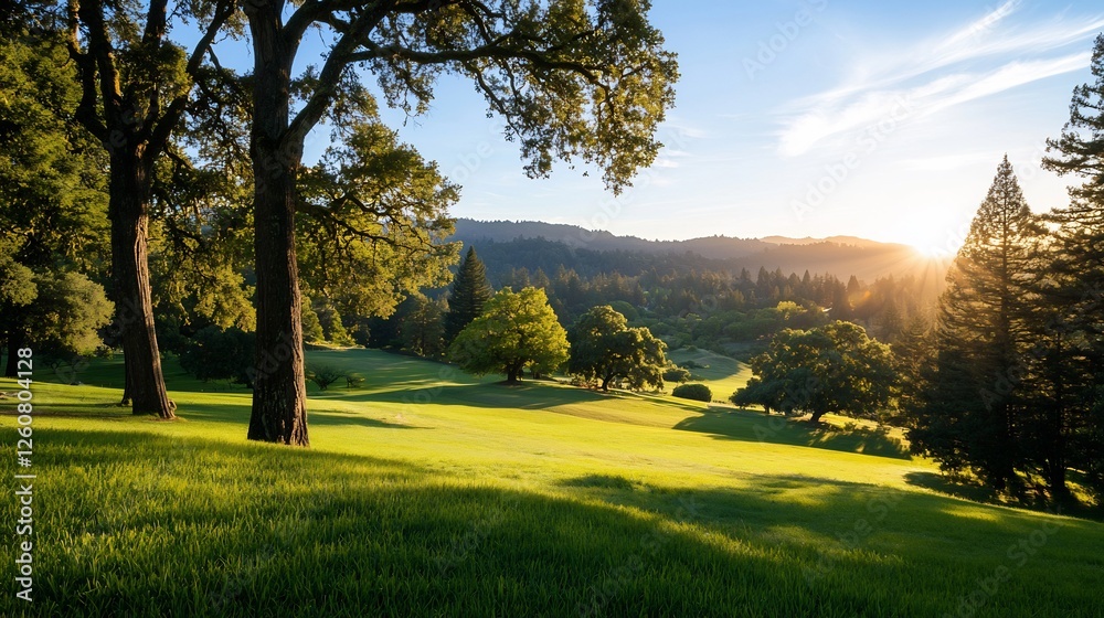 Fototapeta premium Sunlit Grove Of Tall Oak Trees In A Green Meadow With A Distant Horizon