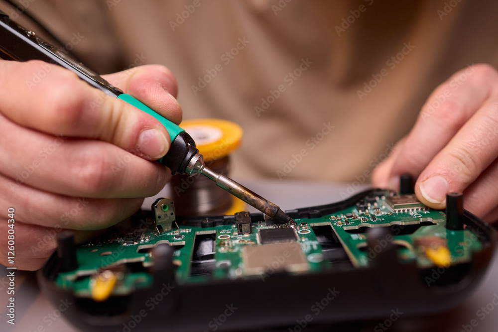 Hands Carefully Repairing a Circuit Board with a Soldering Tool for Electronics Projects Hands Carefully Repairing a Circuit Board with a Soldering Tool for Electronics Projects