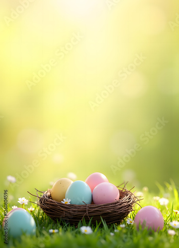 vertical easter template with eggs in nest on soft green background
