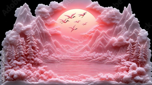 Pink Landscape with Cranes Flying Over Mountains