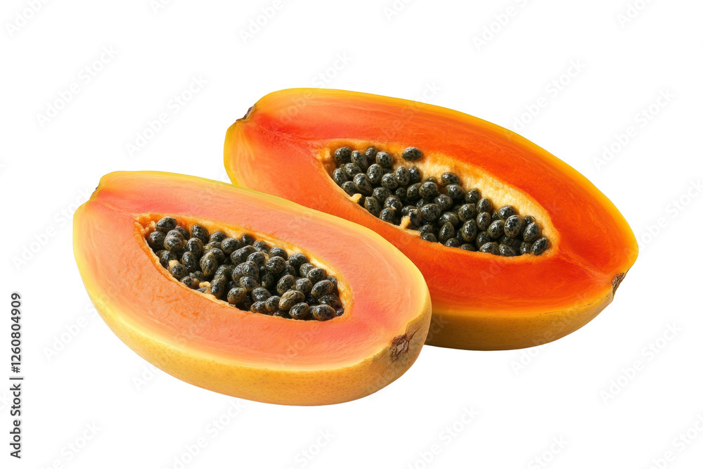 whole and half of ripe papaya fruit with seeds isolated on transparent or white background, png whole and half of ripe papaya fruit with seeds isolated on transparent or white background, png