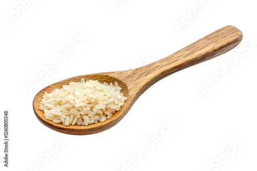 wooden spoon with rice isolated on transparent or white background, png ,close up 
