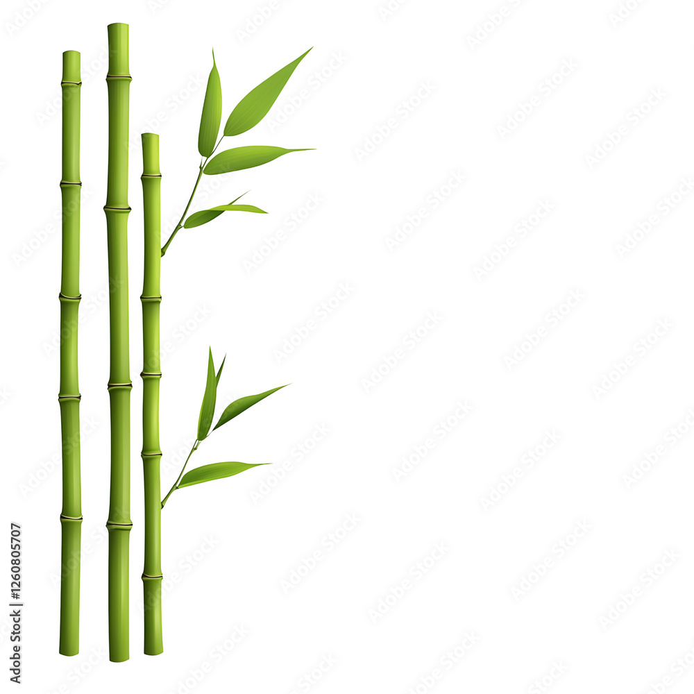 Naklejka premium Green Bamboo Stalks with Fresh Leaves on White Background