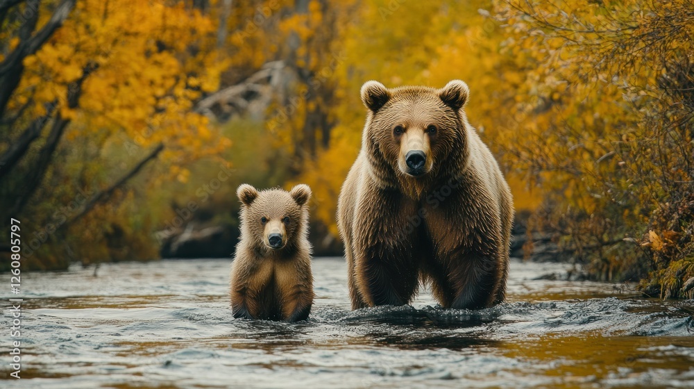Obraz premium Brown bears mother and cub in autumn forest stream