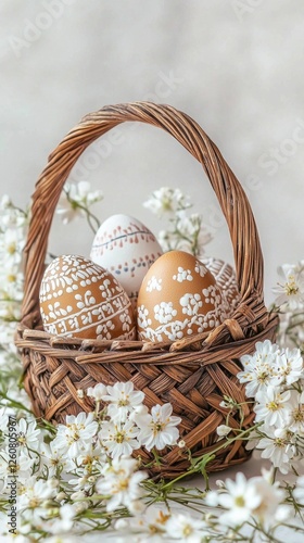 In a tranquil setting, a wooden basket holds intricately decorated eggs, surrounded by delicate white flowers, creating a stunning and festive display, perfect for spring celebrations