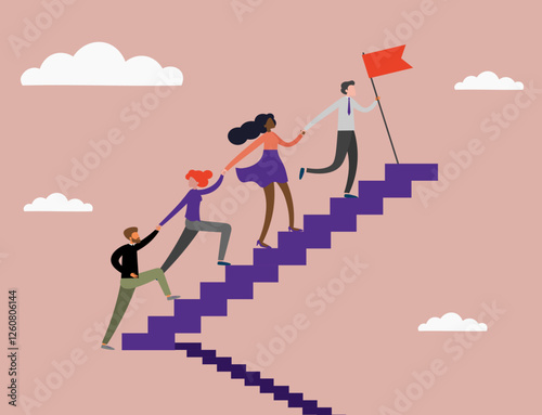 business leadership concept illustration group diverse people business outfit walking up steps leader looking ahead background clipart