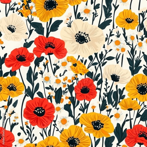 Vibrant Floral Pattern With Red Yellow And White Flowers
