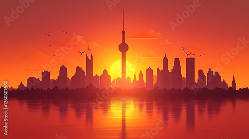 City Skyline Sunset Reflecting On Calm Water