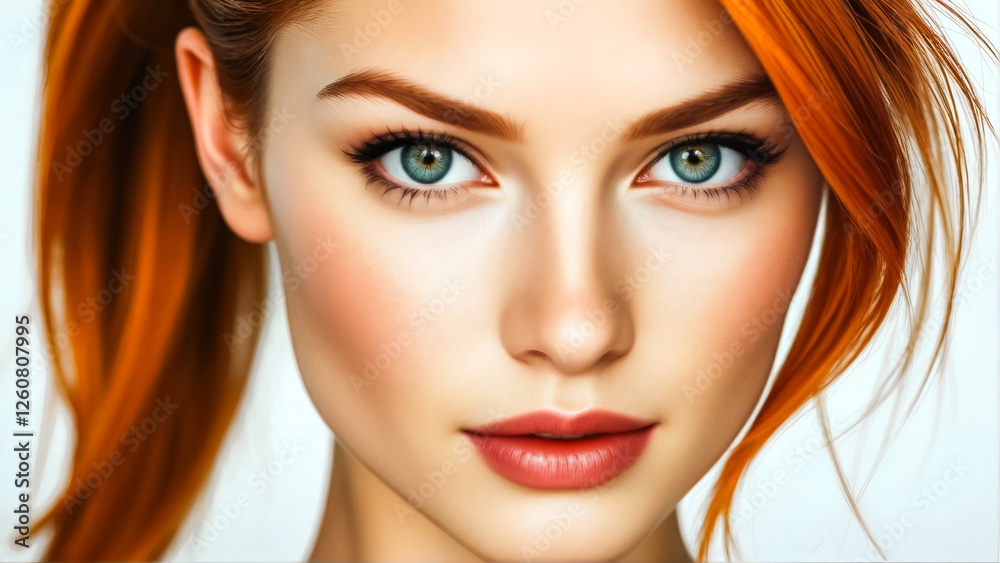 Fototapeta premium Portrait of a super girl with very beautiful eyes and sleek ponytail haircut closeup. Red hair.