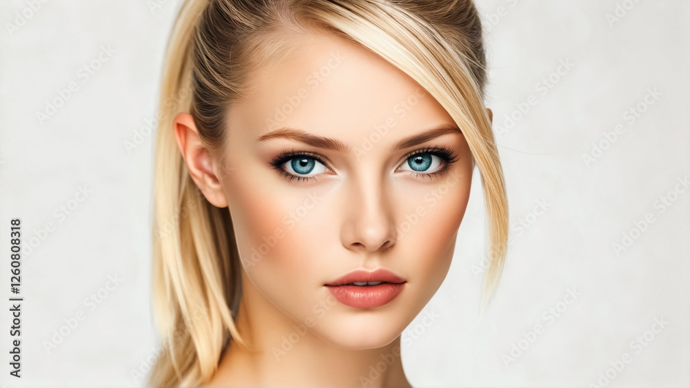 Portrait of a girl with very beautiful eyes and sleek ponytail haircut closeup. Blonde Portrait of a girl with very beautiful eyes and sleek ponytail haircut closeup. Blonde