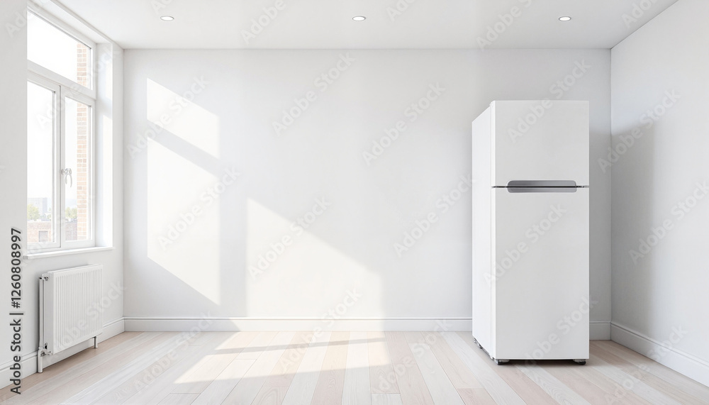 Obraz premium Minimalist white refrigerator in bright room, modern simplicity