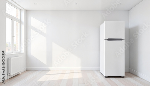 Minimalist white refrigerator in bright room, modern simplicity