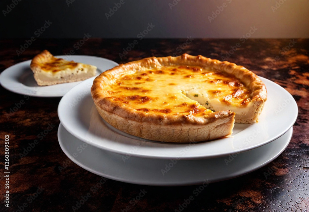 Rustic Savory Pie: A round savory pie made of golden-brown leavened dough balls, arranged neatly on a pristine white ceramic dish. Two balls are cut open, revealing layers of cured meats and melted ch Rustic Savory Pie: A round savory pie made of golden-brown leavened dough balls, arranged neatly on a pristine white ceramic dish. Two balls are cut open, revealing layers of cured meats and melted ch