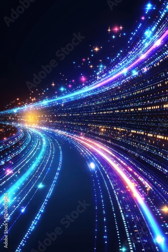 A vibrant display of colorful light trails on a dark background, creating a sense of movement and energy.