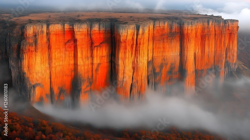 Majestic Orange Cliffs Enveloped In Morning Mist