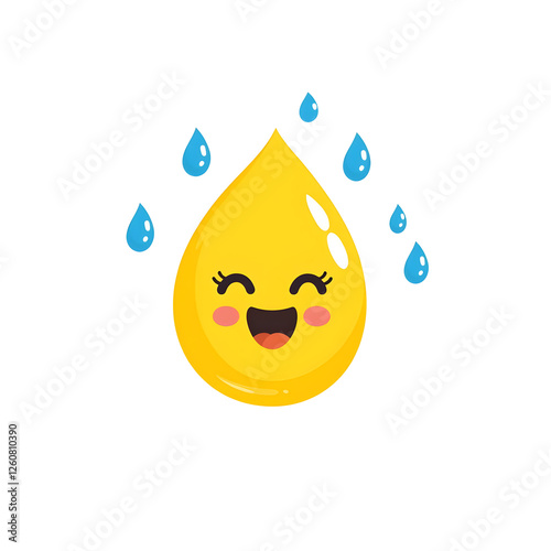 Cheerful Yellow Water Drop Character with Blue Splash Elements