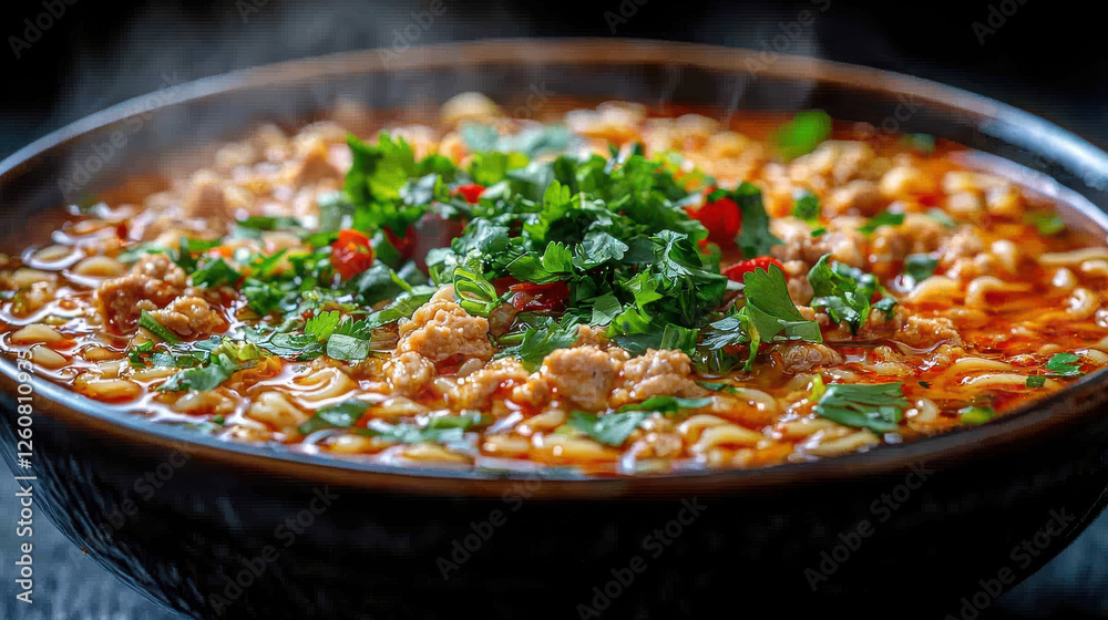 steaming bowl of ramen topped with fresh herbs and spices, showcasing vibrant colors and rich textures. aroma is inviting and delicious steaming bowl of ramen topped with fresh herbs and spices, showcasing vibrant colors and rich textures. aroma is inviting and delicious