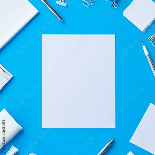 Blank Paper Surrounded By White Stationery Items On Blue photo