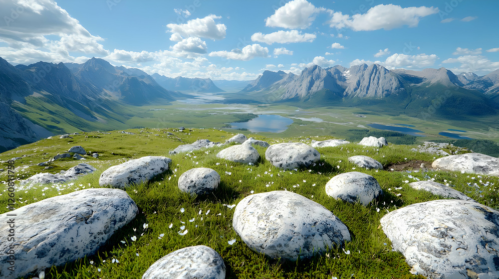 Mountaintop meadow, valley view, wildflowers, rocks. Travel photography Mountaintop meadow, valley view, wildflowers, rocks. Travel photography