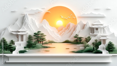Serene Asian Landscape Sunset Scene With Temples