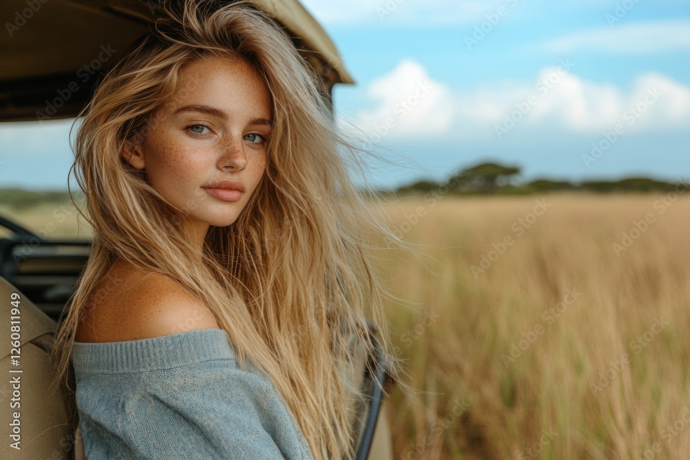 Fototapeta premium Blonde woman with pixie cut is sitting in safari car in field