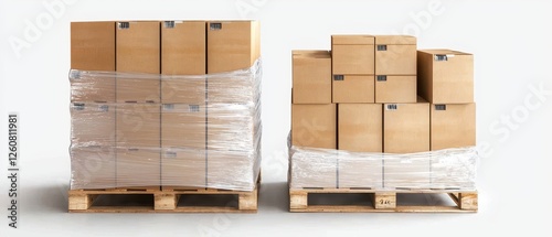 Delivery Boxes Packed and service. Stacks of wooden pallets loaded with cardboard boxes.