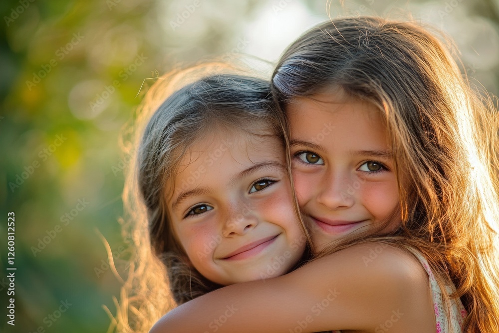 Caucasian young girls embracing in nature with warm smiles and sunlit hair Caucasian young girls embracing in nature with warm smiles and sunlit hair