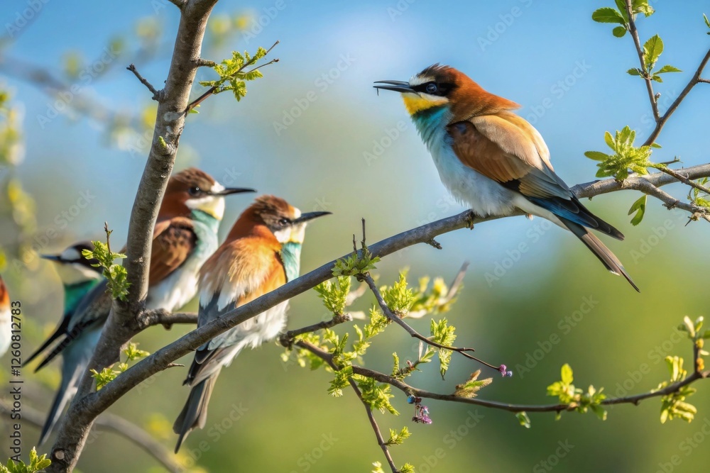 Fototapeta premium Colorful Birds on a Branch in Springtime