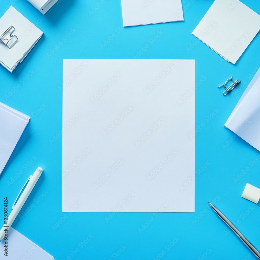 Blank Paper Surrounded By Office Supplies On Blue Background Blank Paper Surrounded By Office Supplies On Blue Background