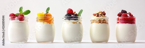 Yogurt parfaits in jars, breakfast, white background, fruits photo