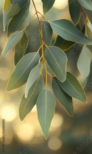 Eucalyptus foliage with blurred background capturing serene natural textures with golden bokeh