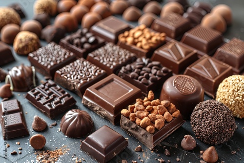 Table full of assorted chocolates, including some with nuts and some with sprinkles