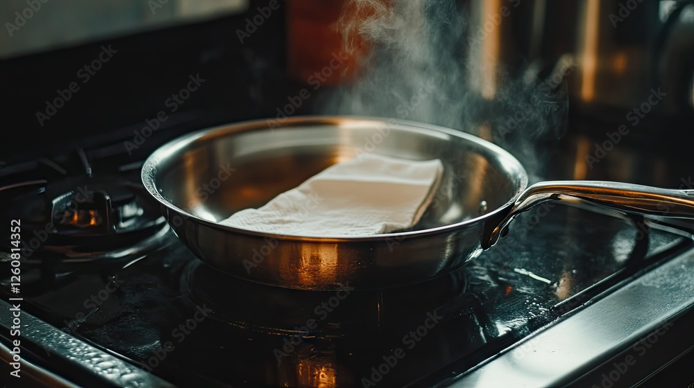 A stainless steel frying pan sitting on a stove while being wiped with a dry white napkin. A stainless steel frying pan sitting on a stove while being wiped with a dry white napkin.