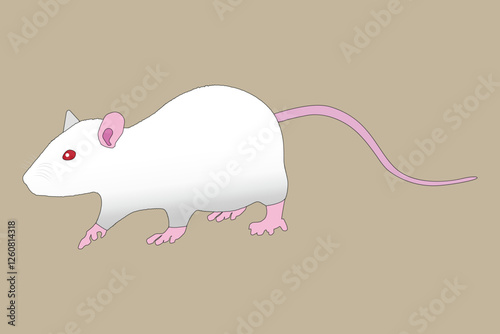 Illustration of a White Mouse with Pink Ears and Tail on Taupe Background, Illustration of White Laboratory Rat with Pink Tail.
