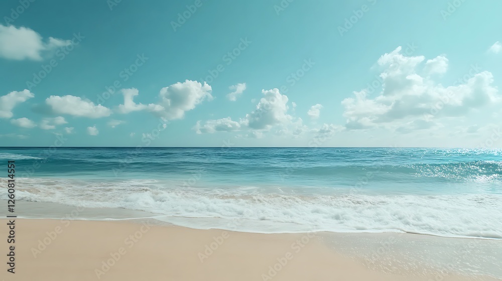 Serene sandy ocean beach with white foamy currents under endless blue sky Serene sandy ocean beach with white foamy currents under endless blue sky