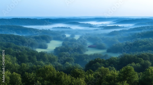 Misty Morning Landscape With Lone Barn In Valley