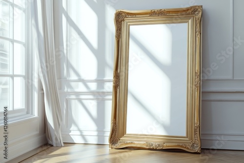 Golden framed mirror in a sunlit room with shadows creating patterns on the floor