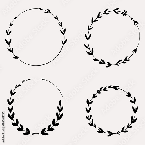 Set of black laurels frames branches. Vintage laurel wreaths collection. Hand drawn vector laurel leaves decorative elements. Leaves, swirls, ornate, award, icon. Vector illustration.